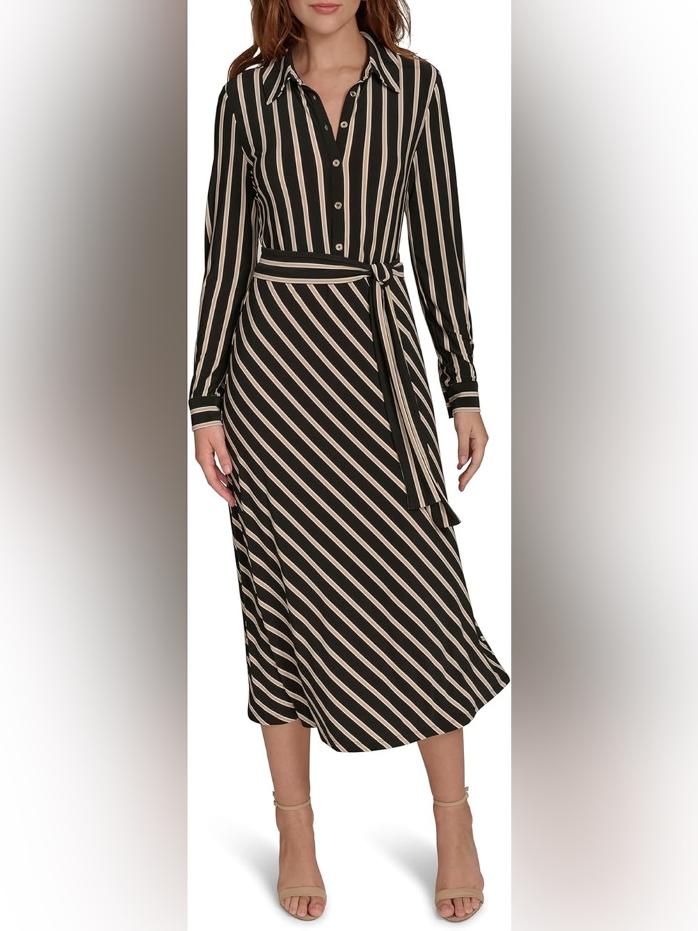 Tommy Hilfiger Black and Cream Striped Long-Sleeve Belted Midi Dress